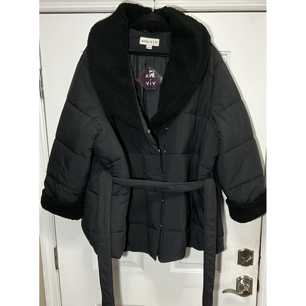 Ava & Viv Plus Size Black Belted Faux Shearling Puffer Jacket Women's 3X